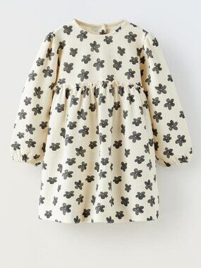Zara Printed Herringbone Cream and Gray Dress Size 3-4